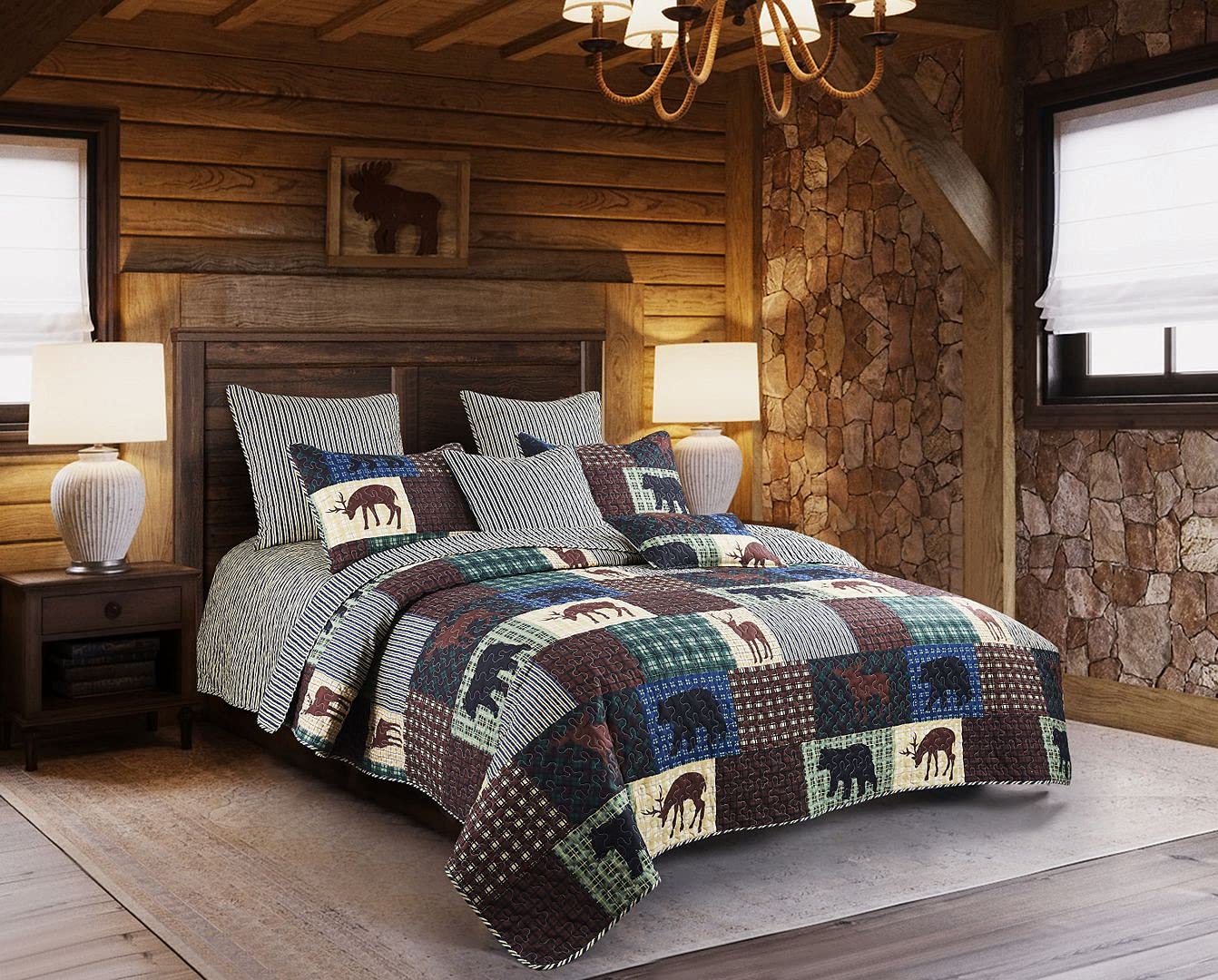 Virah Bella 3 Piece King Lodge Quilt Bedding Set - Wilderness Patch - Rustic Cabin Country Reversible Camping Comforter Set With